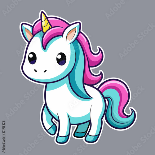 A cute unicorn with a pink mane and tail on a gray background