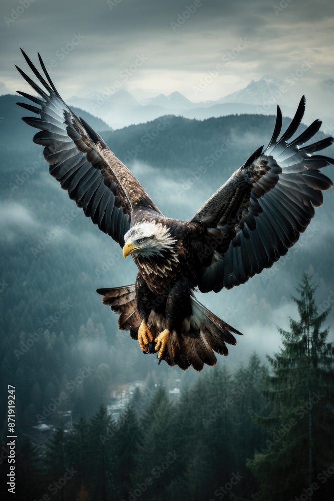 Obraz premium Vintage Eagle Nostalgic flight over fog covered, generative IA