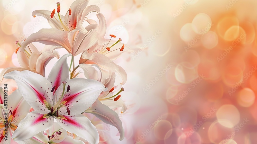 Fototapeta premium Graceful Lilies and Orchids on Soft Pastel Background with Copy Space