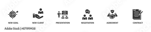 Business contract banner web icon set vector illustration concept with icon of new goal, new client, presentation, negotiation, agreement, contract