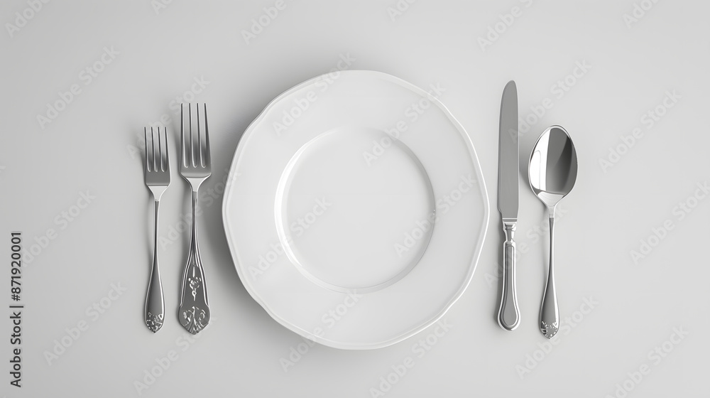 Cutlery, fork, knife, spoon and empty plate on a colored background. AI Generated