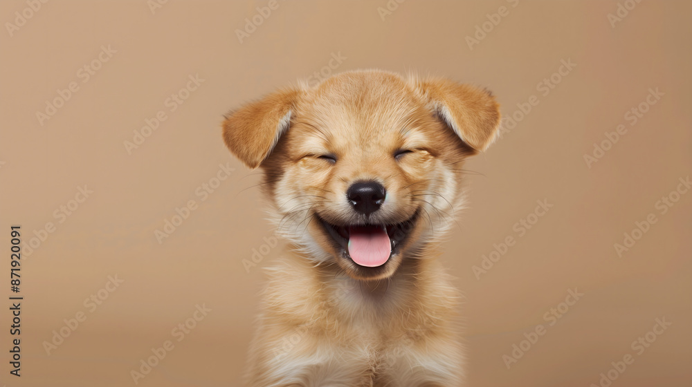 golden retriever puppy; funny cute isolated pup of labrador or goldie on bright brown background; dog with closed eyes & open mouth smiling; copy space for canine text; widescreen backdrop golden retriever puppy; funny cute isolated pup of labrador or goldie on bright brown background; dog with closed eyes & open mouth smiling; copy space for canine text; widescreen backdrop