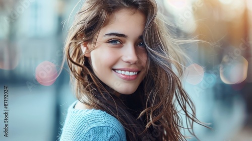 Beautiful young woman with flowing hair. Portrait of a happy young woman with beautiful, flowing hair and a bright smile.