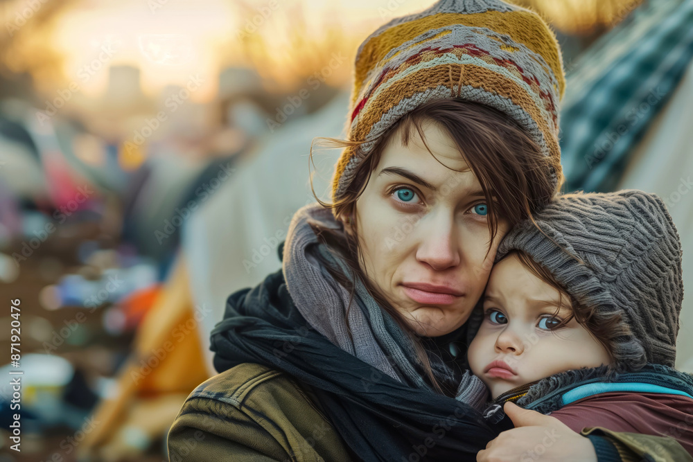 In a camp, a refugee mother and child, dressed warmly, stand near tents with the setting sun behind them, symbolizing resilience and hope in adversity In a camp, a refugee mother and child, dressed warmly, stand near tents with the setting sun behind them, symbolizing resilience and hope in adversity