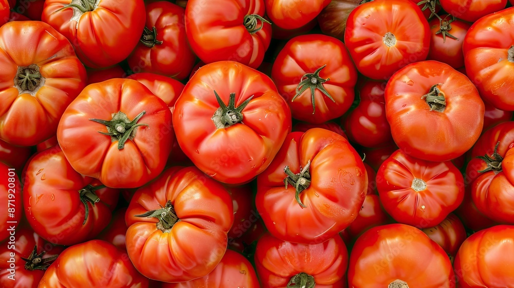 A close-up shot of a pile of ripe red tomatoes, each one with a green stem, in a market setting A close-up shot of a pile of ripe red tomatoes, each one with a green stem, in a market setting