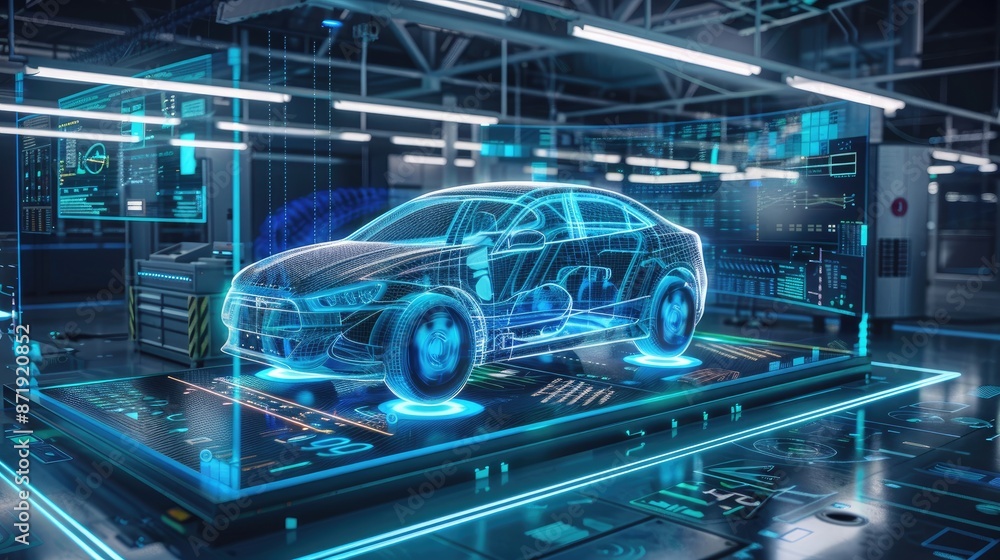 Automotive engineer operating advanced tech on futuristic assembly line for car manufacturing Automotive engineer operating advanced tech on futuristic assembly line for car manufacturing