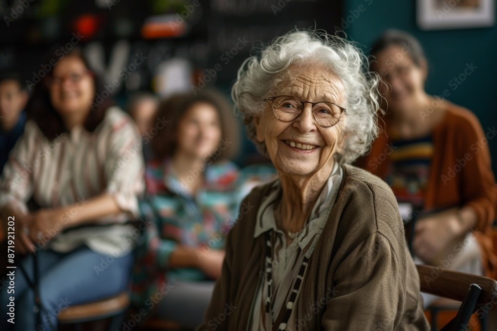 A group of people, including an older woman, are smiling for the camera A group of people, including an older woman, are smiling for the camera