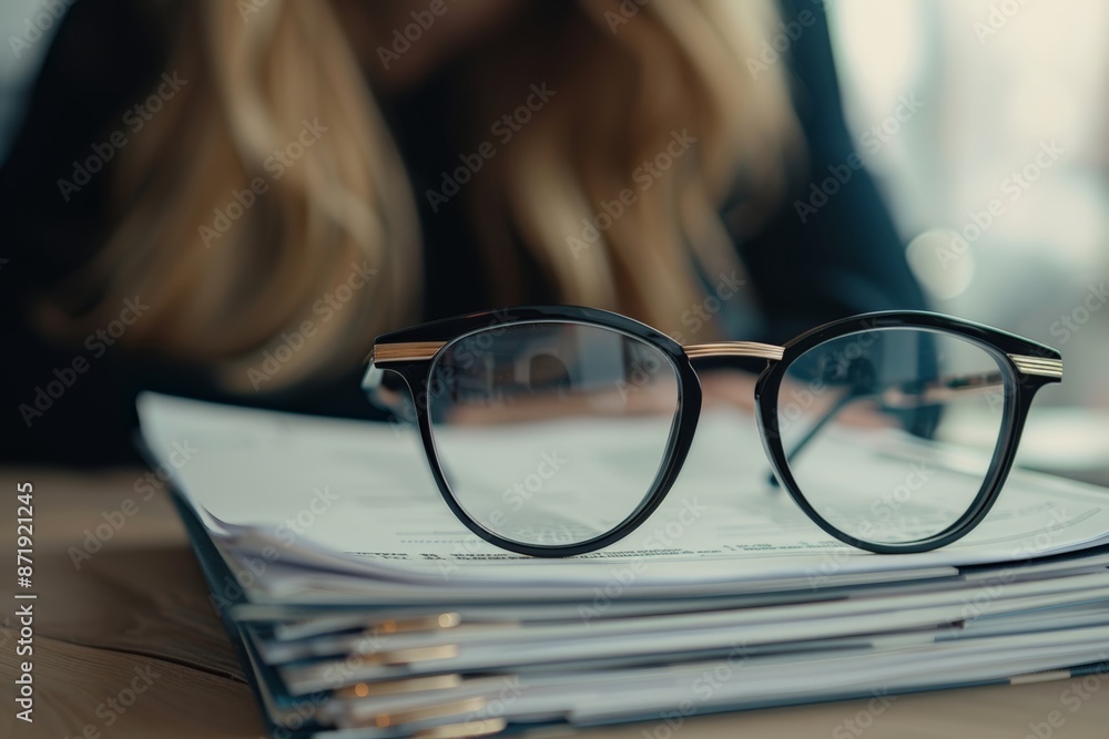 A woman's glasses are on top of a stack of papers A woman's glasses are on top of a stack of papers