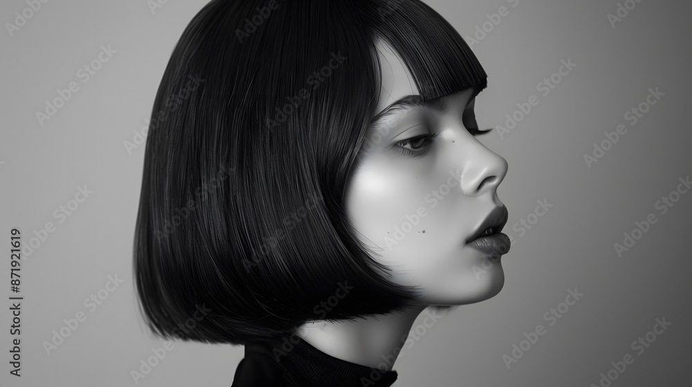 editorial fashion photography, portrait profile shot of an Italian model with a blunt long bob. editorial fashion photography, portrait profile shot of an Italian model with a blunt long bob.