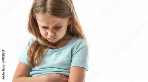Little girl with a stomach ache, holding their stomach in pain on white background