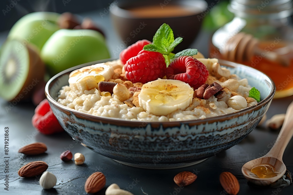 Healthy oatmeal breakfast in a rustic setting. Healthy oatmeal breakfast in a rustic setting.