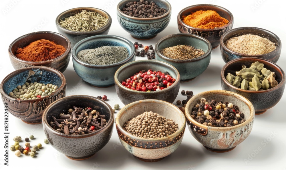 collection of colorful ceramic bowls with spices and herbs, aesthetically arranged on white background collection of colorful ceramic bowls with spices and herbs, aesthetically arranged on white background