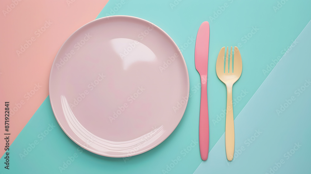 Cutlery, fork, knife, spoon and empty plate on a colored background. AI Generated Cutlery, fork, knife, spoon and empty plate on a colored background. AI Generated