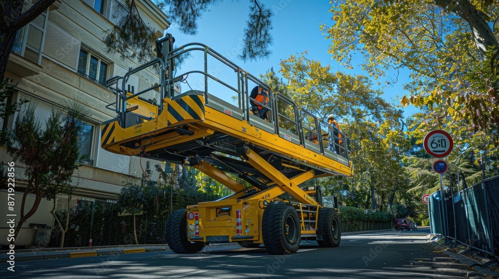 A yellow self-propelled articulated boom lift and a scissor lift positioned on a street lined with trees and sky in the background A yellow self-propelled articulated boom lift and a scissor lift positioned on a street lined with trees and sky in the background