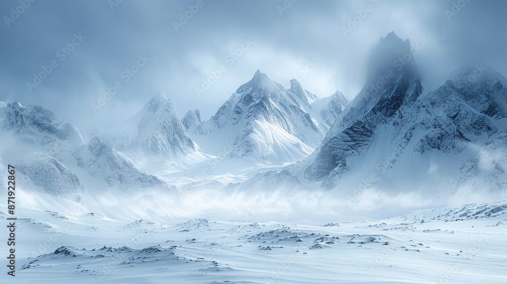 Obraz premium Majestic Mountain Landscapes and Snowy Peaks, Winter Wonderland: Stunning Views of Snow-Covered Peaks.