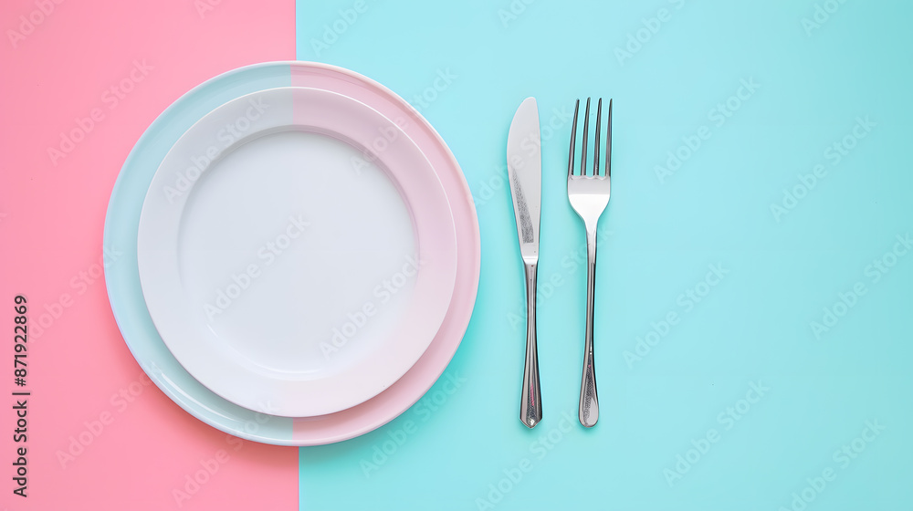 Cutlery, fork, knife, spoon and empty plate on a colored background. AI Generated Cutlery, fork, knife, spoon and empty plate on a colored background. AI Generated
