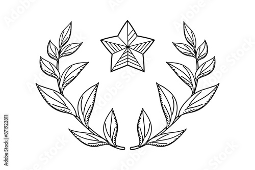 Winner laurel wreath in linear style. Branches with leaves in the shape of a semicircle with a star. Vector hand drawn illustration of victory attribute