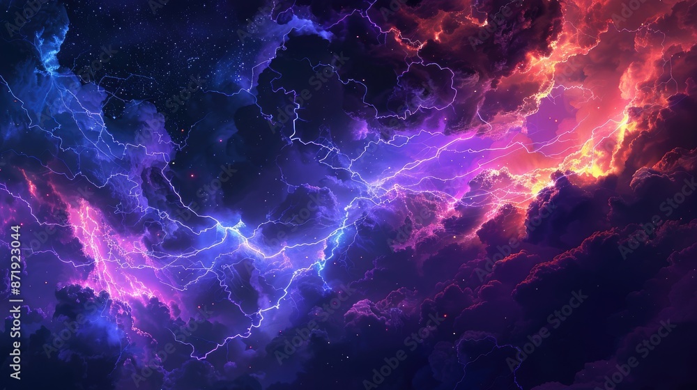 A vibrant 3D rendering captures the intensity of a colored lightning strike. Dynamic, Ai Generated. A vibrant 3D rendering captures the intensity of a colored lightning strike. Dynamic, Ai Generated.