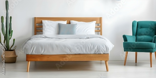 Scandinavian bedroom with light oak bed frame teal armchair and cactus. Concept Scandinavian Design, Light Oak Furniture, Teal Armchair, Cactus Decor, Bedroom Inspiration