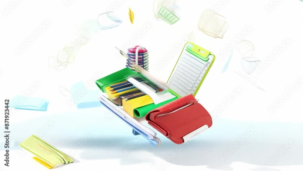 A 3D video introduction showcasing a variety of educational resources, including textbooks and school supplies, is presented on a white background for kindergarten and primary school students. A 3D video introduction showcasing a variety of educational resources, including textbooks and school supplies, is presented on a white background for kindergarten and primary school students.