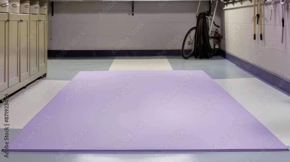 Pale lavender rubber mats in a garage, softening the space with a gentle, calming hue Pale lavender rubber mats in a garage, softening the space with a gentle, calming hue