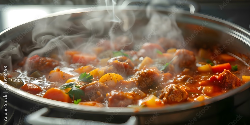 Closeup of stew boiling in pot steam rising delicious culinary process. Concept Cooking, Food preparation, Culinary art, Kitchen scene Closeup of stew boiling in pot steam rising delicious culinary process. Concept Cooking, Food preparation, Culinary art, Kitchen scene