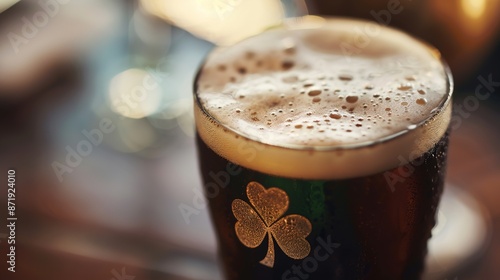 St. Patrick's Day Cheers: Close-up of Dark Beer Pint with Four-Leaf Clover Motif photo