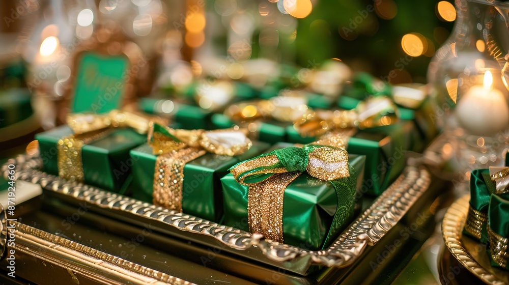 Elegant Green and Gold Themed Party Favors Displayed on Tray Elegant Green and Gold Themed Party Favors Displayed on Tray