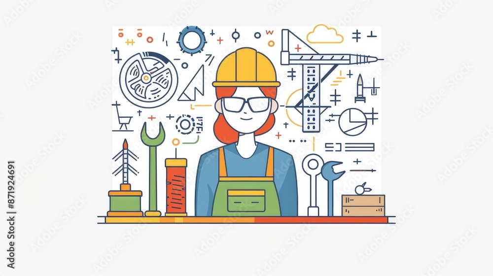 Modern illustration of a working engineer dressed in work clothes surrounded by work tools. Modern illustration of a working engineer dressed in work clothes surrounded by work tools.