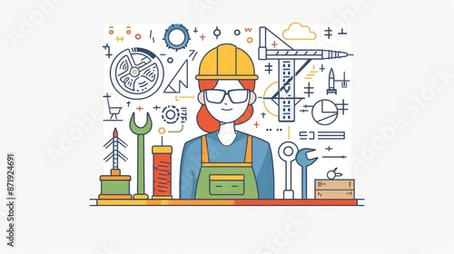 Modern illustration of a working engineer dressed in work clothes surrounded by work tools.