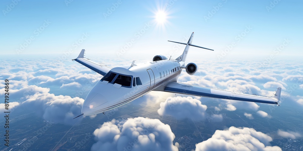 A private jet flying high above the clouds in bright sunlight, showcasing luxury travel in action. Luxury travel and tourism concept. A private jet flying high above the clouds in bright sunlight, showcasing luxury travel in action. Luxury travel and tourism concept.