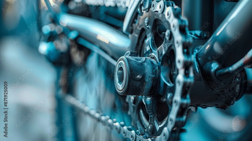 Macro shot of the chain and gears highlighting the dualloop chain and advanced gearing system suited for the added power and torque of an electric bike. Macro shot of the chain and gears highlighting the dualloop chain and advanced gearing system suited for the added power and torque of an electric bike.