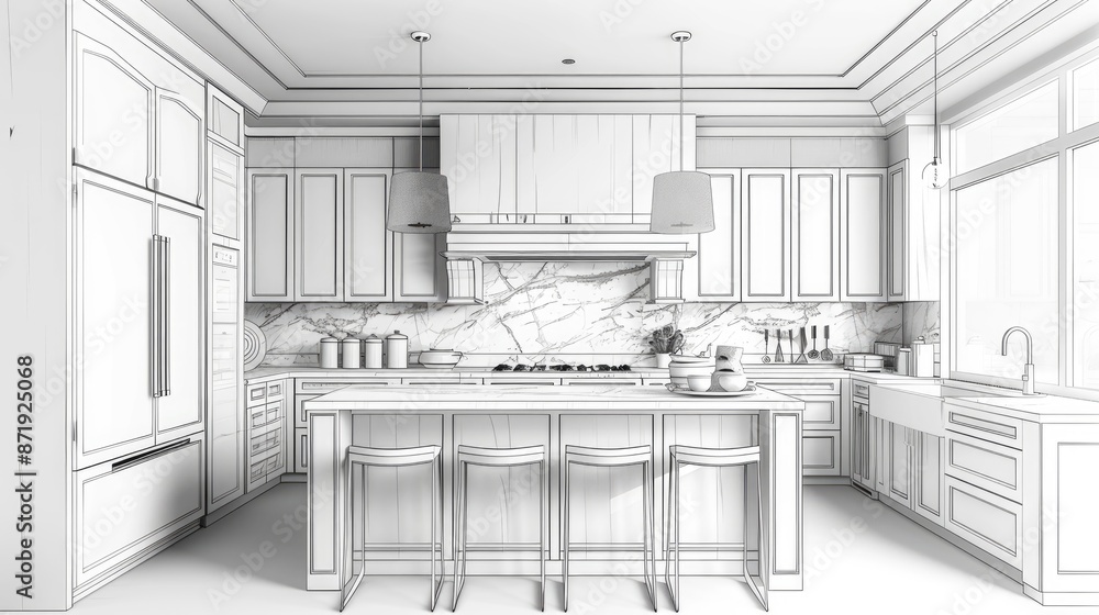 Modern kitchen with white marble wall panels and island bar, an ...