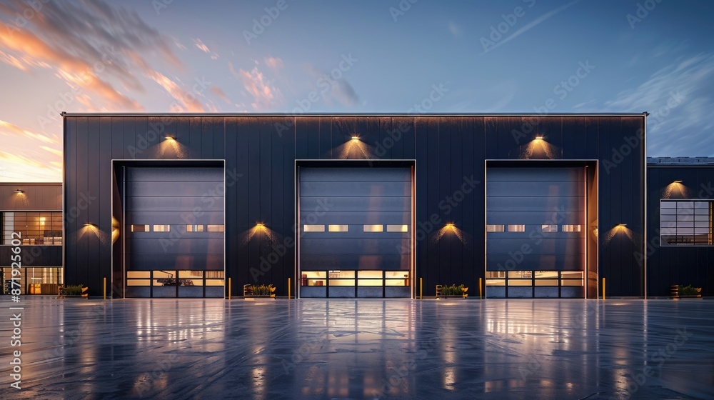 A black modern warehouse with glass facade at blue hour, wide angle, exterior view, photo realistic, cinematic light, sony alpha camera A black modern warehouse with glass facade at blue hour, wide angle, exterior view, photo realistic, cinematic light, sony alpha camera