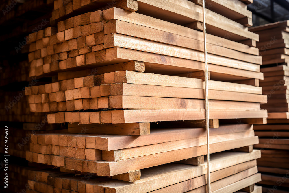 Neatly stacked wooden planks in a lumber warehouse, prepared for construction or woodworking projects. Neatly stacked wooden planks in a lumber warehouse, prepared for construction or woodworking projects.