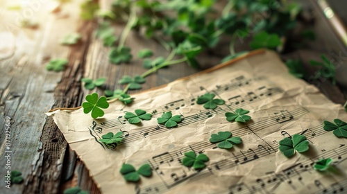 Celtic Charm: Traditional Irish Music Sheet with Green Notes and Shamrock Embellishments