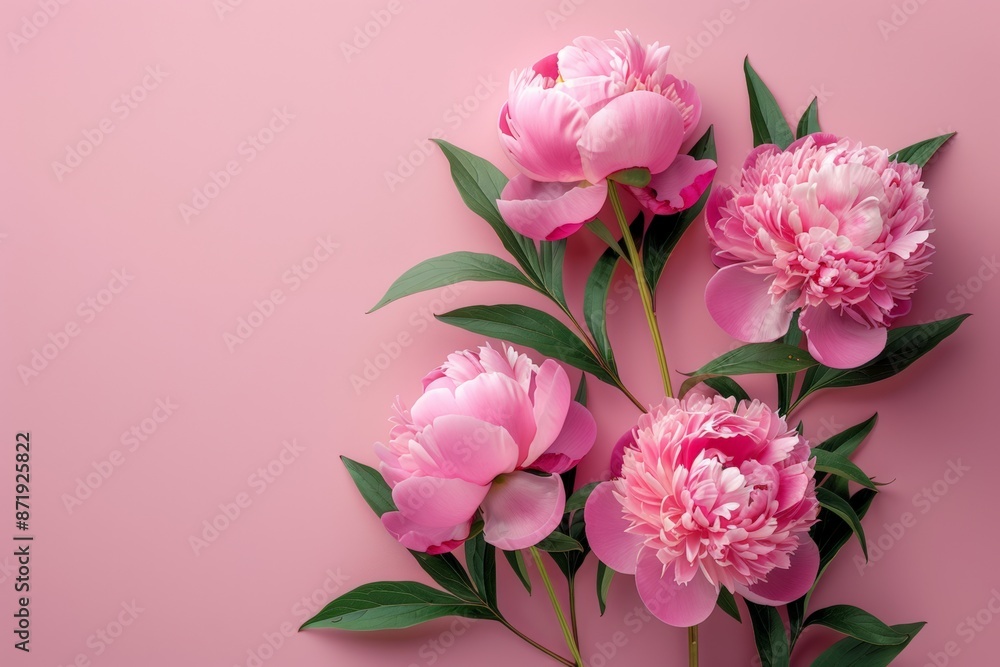 Three elegant peonies in shades of pink and white bloom gracefully against a soft pink background. Three elegant peonies in shades of pink and white bloom gracefully against a soft pink background.