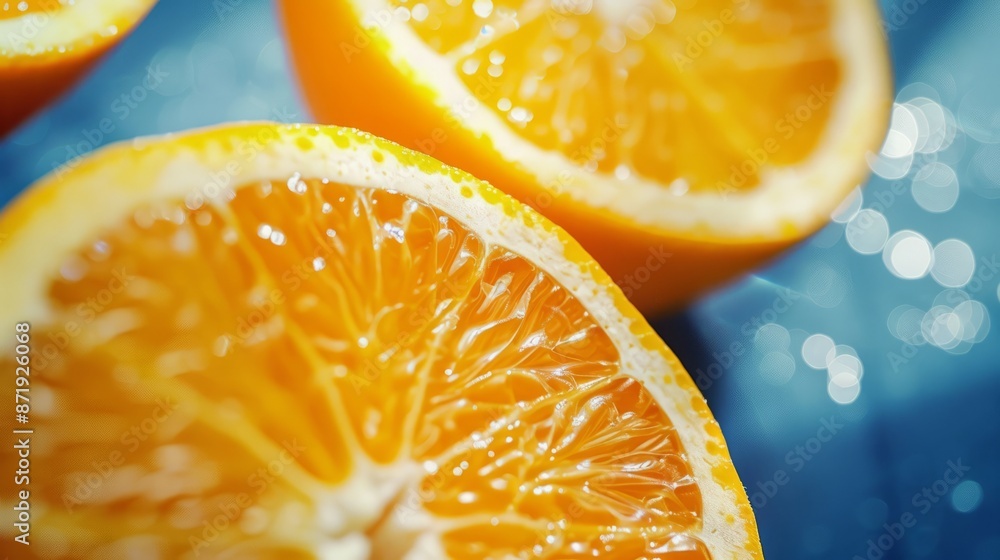 Fresh orange slices close up. Juicy orange slices on a blue background. Perfect for healthy food, citrus, and summer themes. Fresh orange slices close up. Juicy orange slices on a blue background. Perfect for healthy food, citrus, and summer themes.
