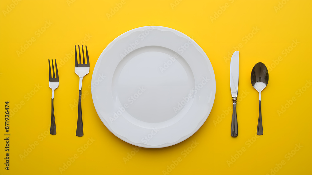 Cutlery, fork, knife, spoon and empty plate on a colored background. AI Generated Cutlery, fork, knife, spoon and empty plate on a colored background. AI Generated