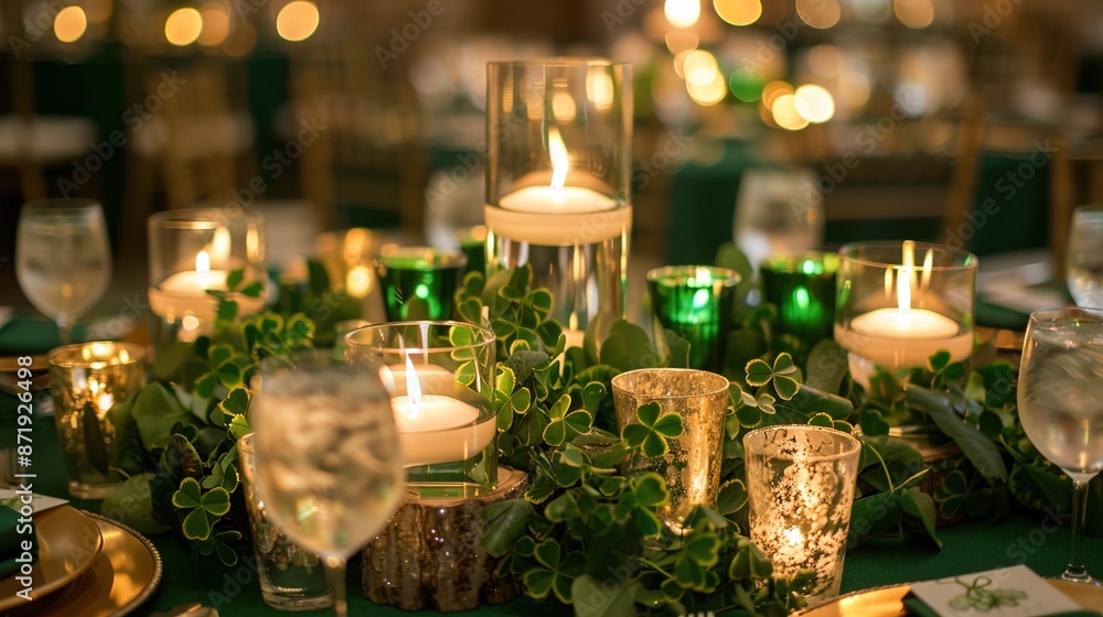 Elegant Green and Gold Table Centerpiece with Clover Accents and Candlelight Glow Elegant Green and Gold Table Centerpiece with Clover Accents and Candlelight Glow