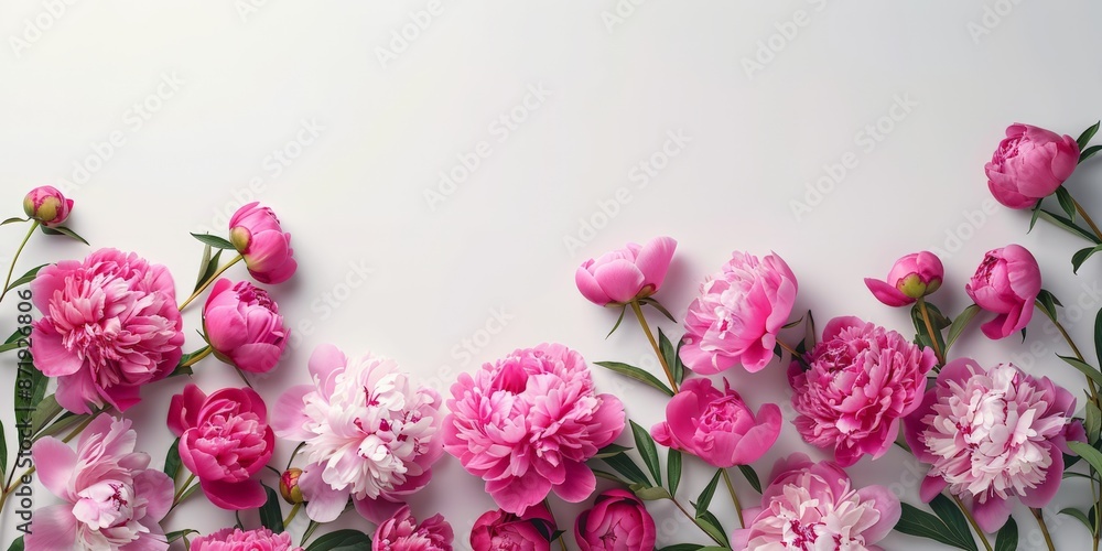 A beautiful arrangement of pink and white peonies laid out elegantly against a clean white background. A beautiful arrangement of pink and white peonies laid out elegantly against a clean white background.