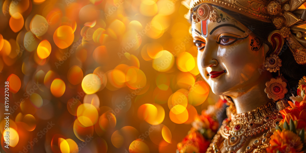 A close-up portrait of a deity, adorned with gold jewelry, bathed in a warm glow of light A close-up portrait of a deity, adorned with gold jewelry, bathed in a warm glow of light