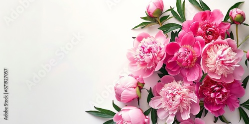 A beautiful arrangement of pink and white peonies laid out elegantly against a clean white background.