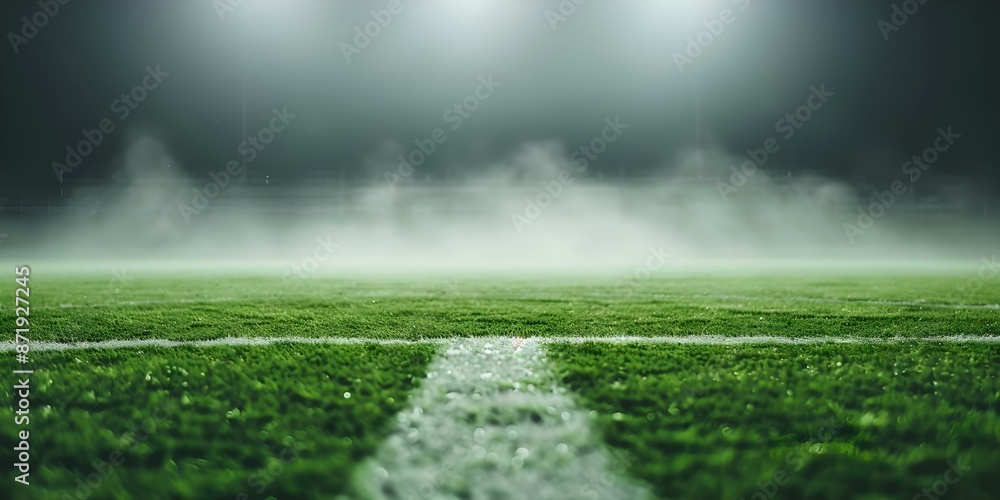 Obraz premium Dark green fog hovers over soccer field emitting toxic smell. Concept Environmental Pollution, Soccer Field Contamination, Toxic Cloud Incident, Hazardous Odor, Green Fog Situation