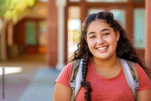 Fat hispanic girl smiling in school