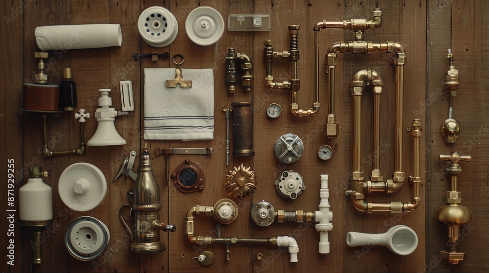 Obraz premium A meticulously arranged collection of plumbing parts and tools on a wooden surface, showcasing a variety of metal fittings, valves, and pipes