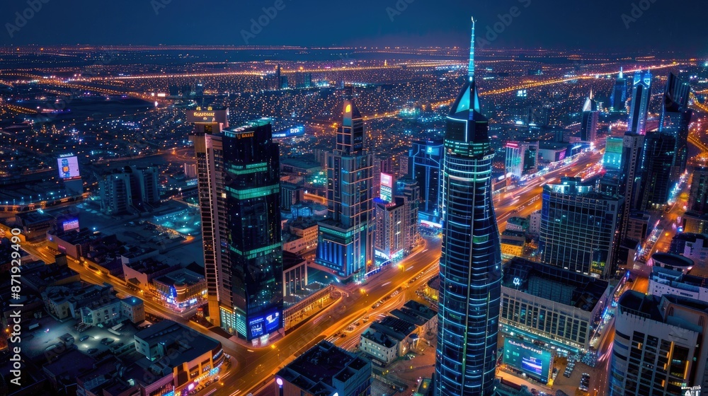 Obraz premium A mesmerizing cityscape at night, with towering skyscrapers