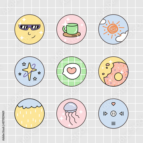 Cute hand drawn story highlight social media icon set