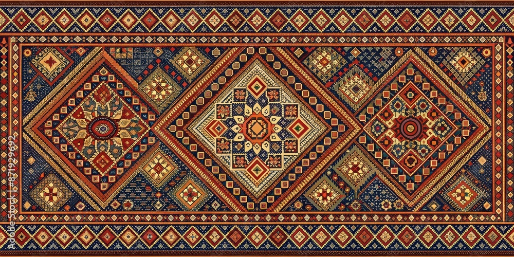 Geometric ethnic Thai-inspired seamless pattern on a beautiful carpet , Thai, cultural, art, colorful, intricate Geometric ethnic Thai-inspired seamless pattern on a beautiful carpet , Thai, cultural, art, colorful, intricate