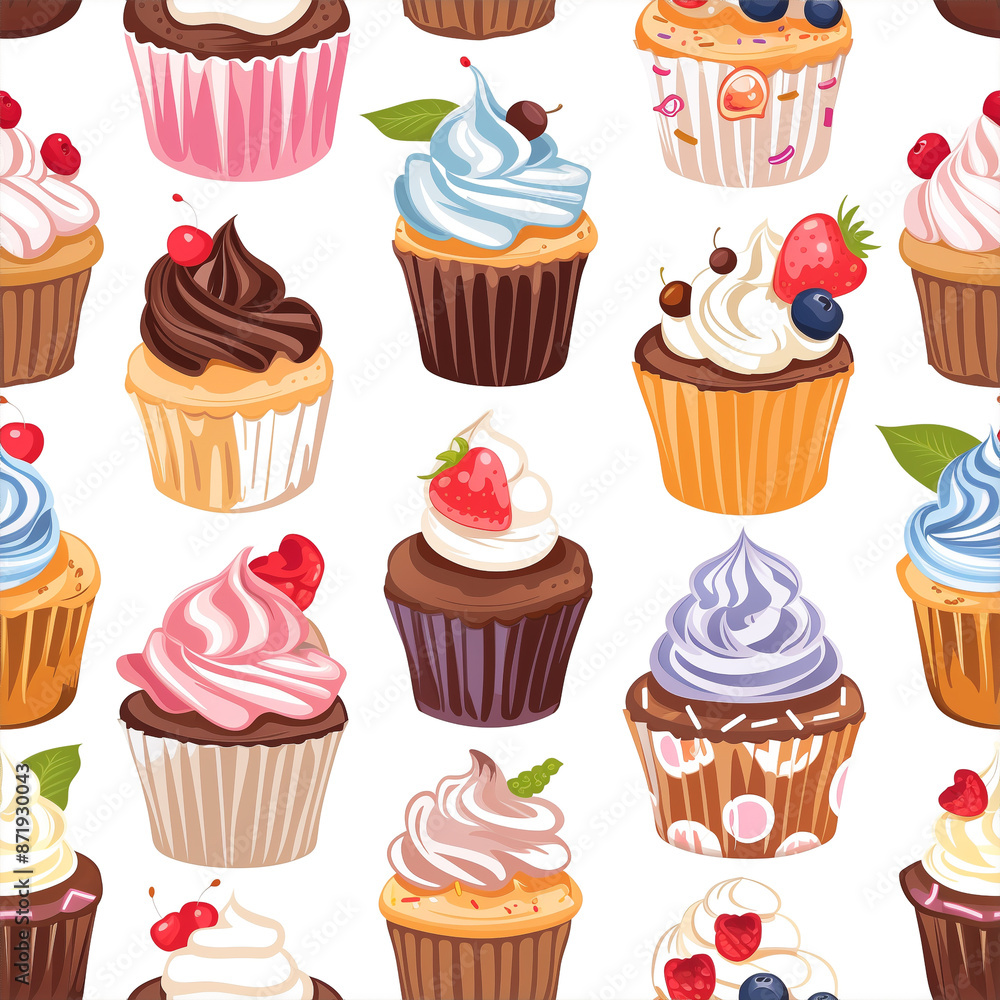Delightful mix of cupcakes with different frosting and toppings on a white background Delightful mix of cupcakes with different frosting and toppings on a white background